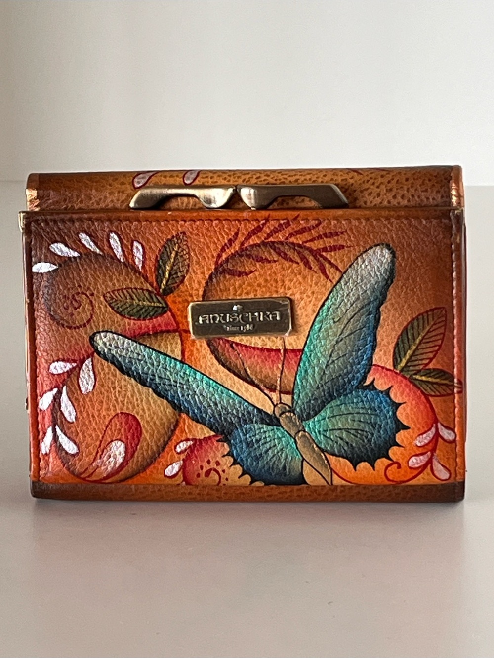 Anuschka Hand-Painted Turquoise Orange Butterfly Blooms Leather Wallet RFID NWOT